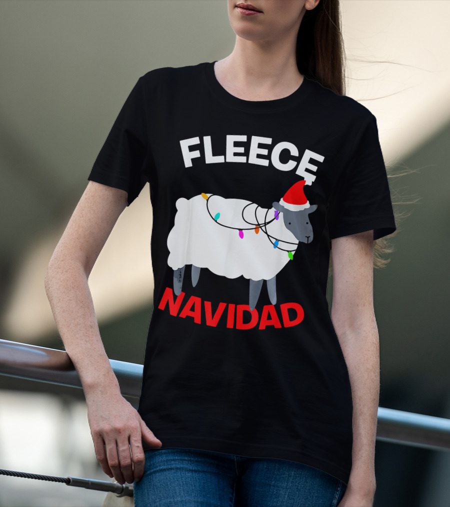 Fleece Navidad Funny Christmas Sheep Santa Hat Lights T-Shirt