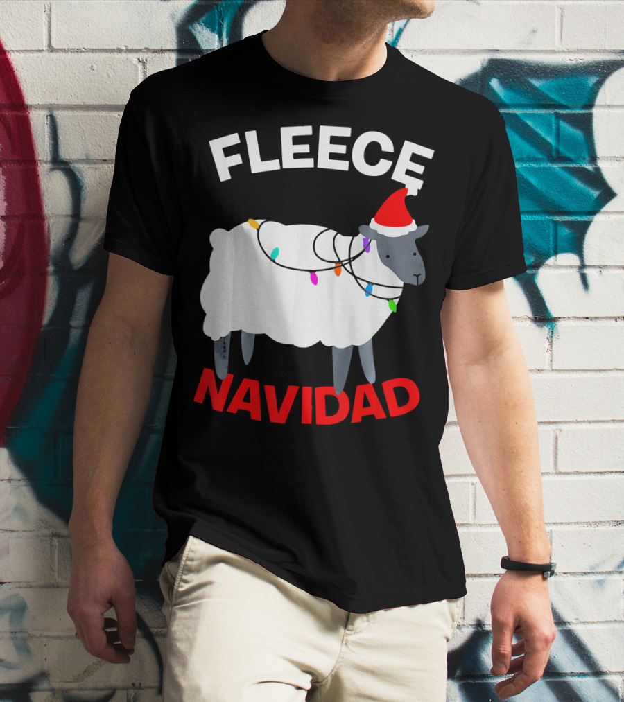 Fleece Navidad Funny Christmas Sheep Santa Hat Lights T-Shirt