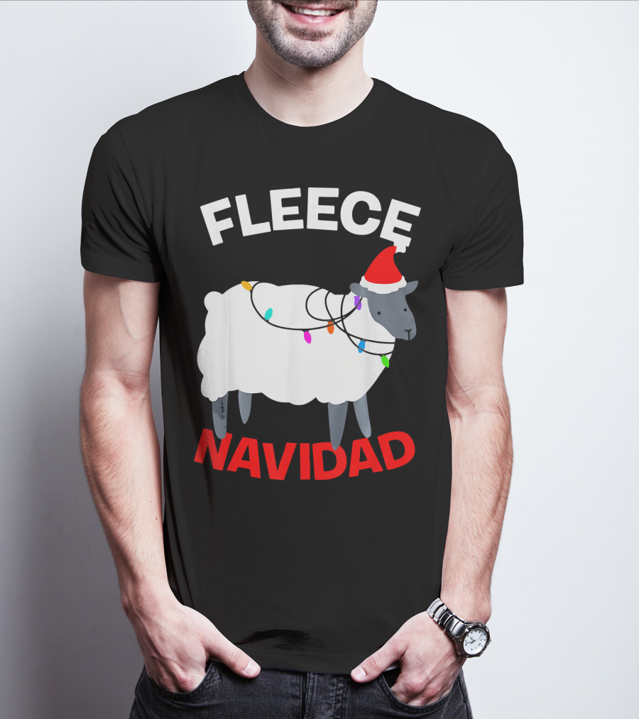 Fleece Navidad Funny Christmas Sheep Santa Hat Lights T-Shirt