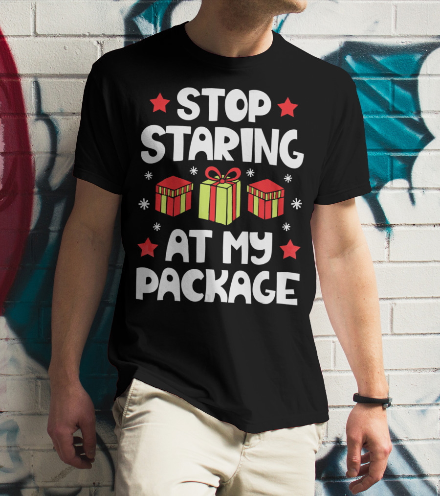 Stop Staring At My Package Christmas Gift Box Design With Stars And Snowflakes T-Shirt