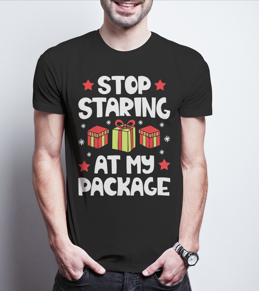 Stop Staring At My Package Christmas Gift Box Design With Stars And Snowflakes T-Shirt