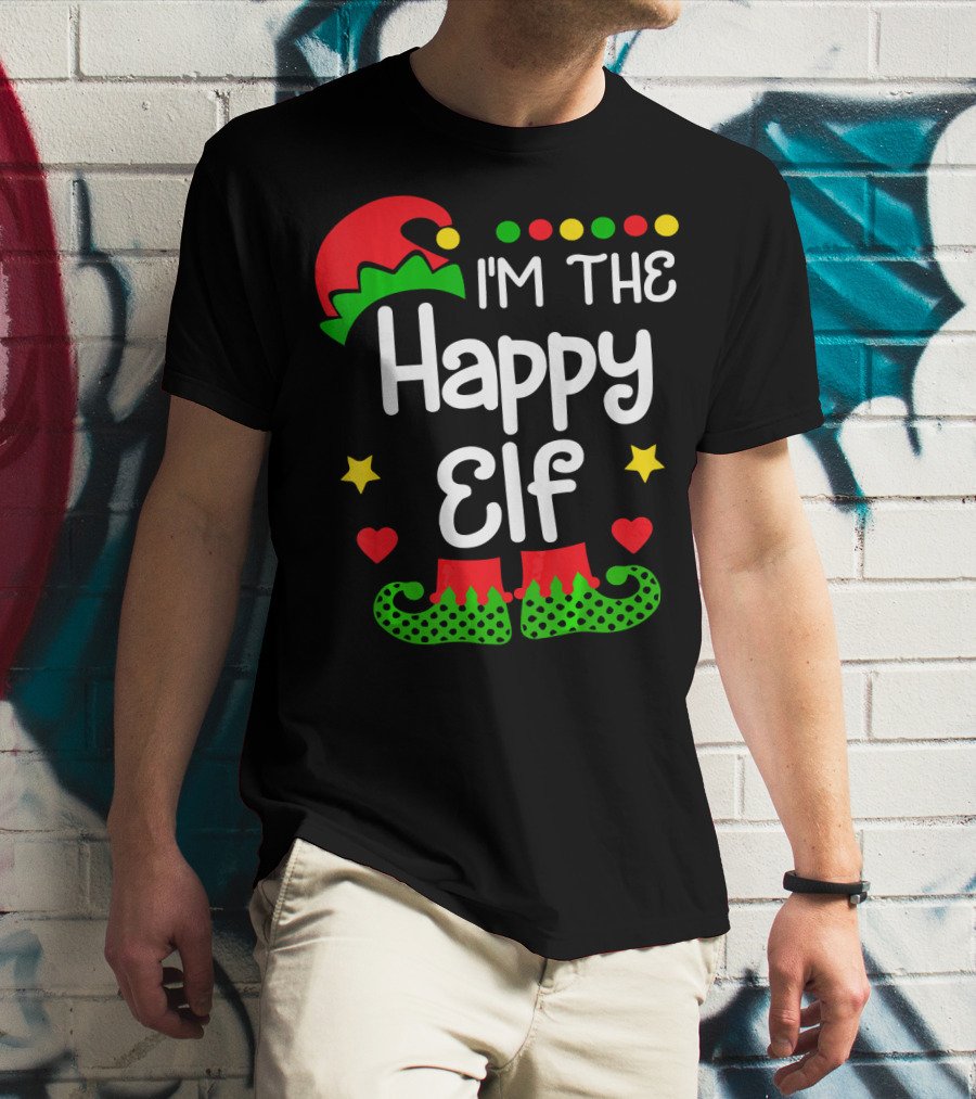 I'm The Happy Elf Christmas Hat Stars Hearts Dots T-Shirt