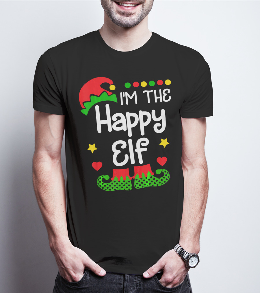 I'm The Happy Elf Christmas Hat Stars Hearts Dots T-Shirt