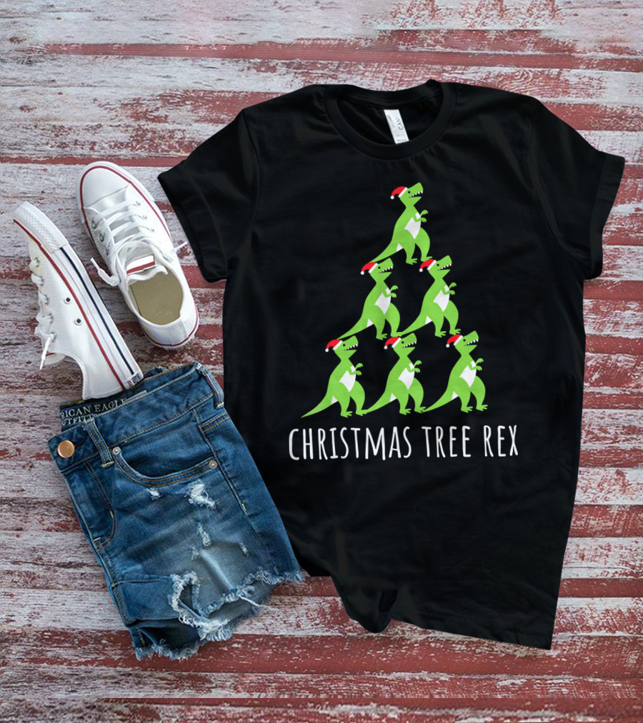 Christmas Tree Rex Dino Funny Boy Girl Santa Hats T-Shirt