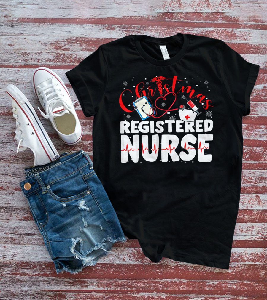 Christmas Registered Nurse With Medical Icons And Heartbeat T-Shirt