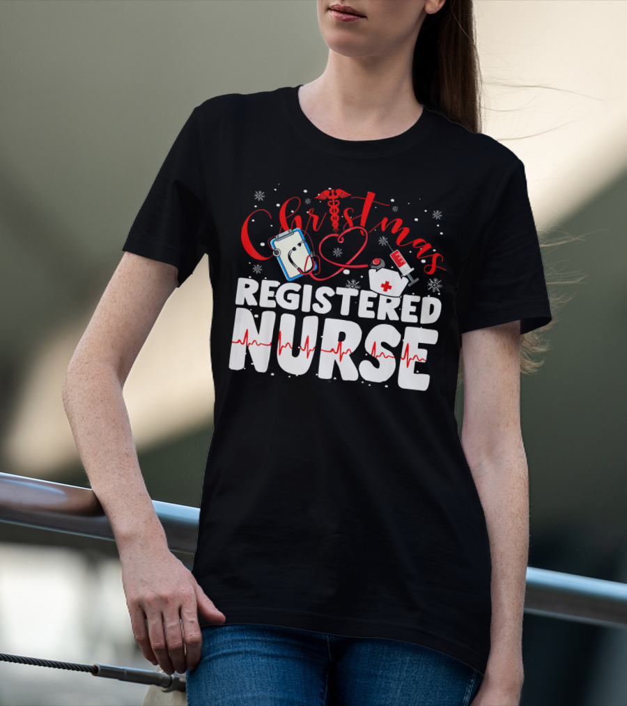 Christmas Registered Nurse With Medical Icons And Heartbeat T-Shirt