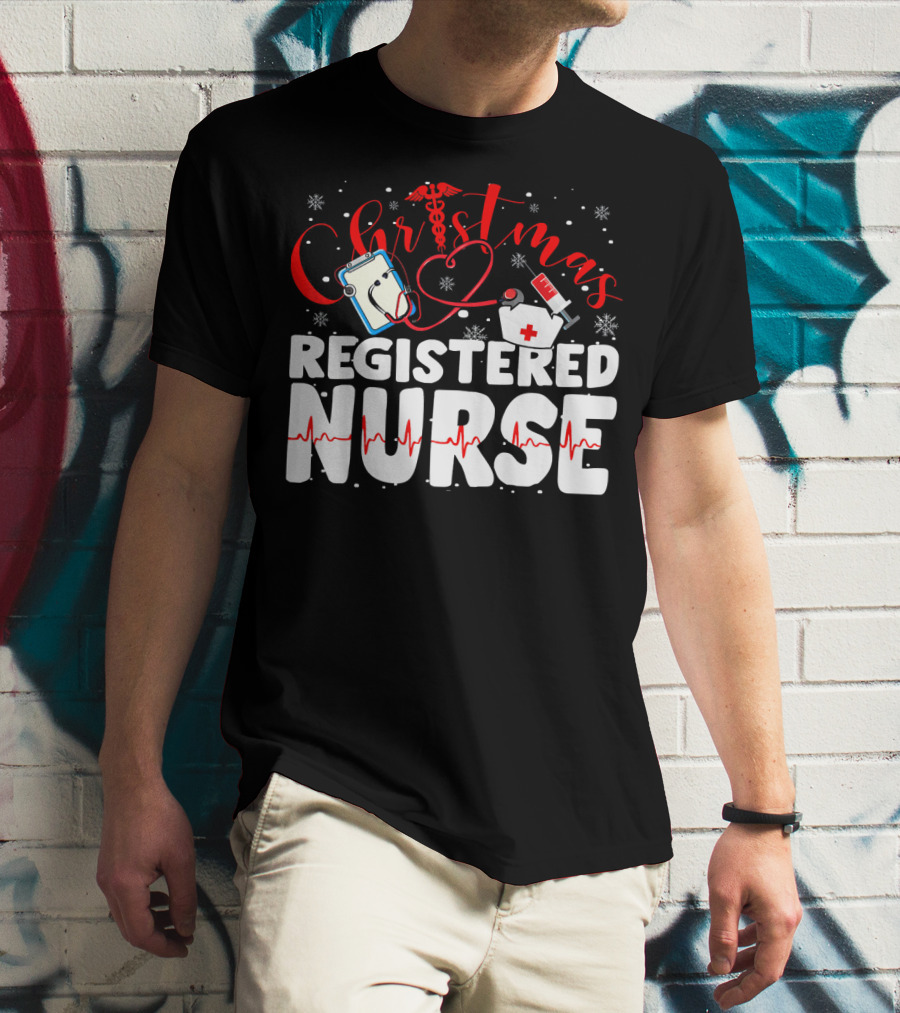 Christmas Registered Nurse With Medical Icons And Heartbeat T-Shirt