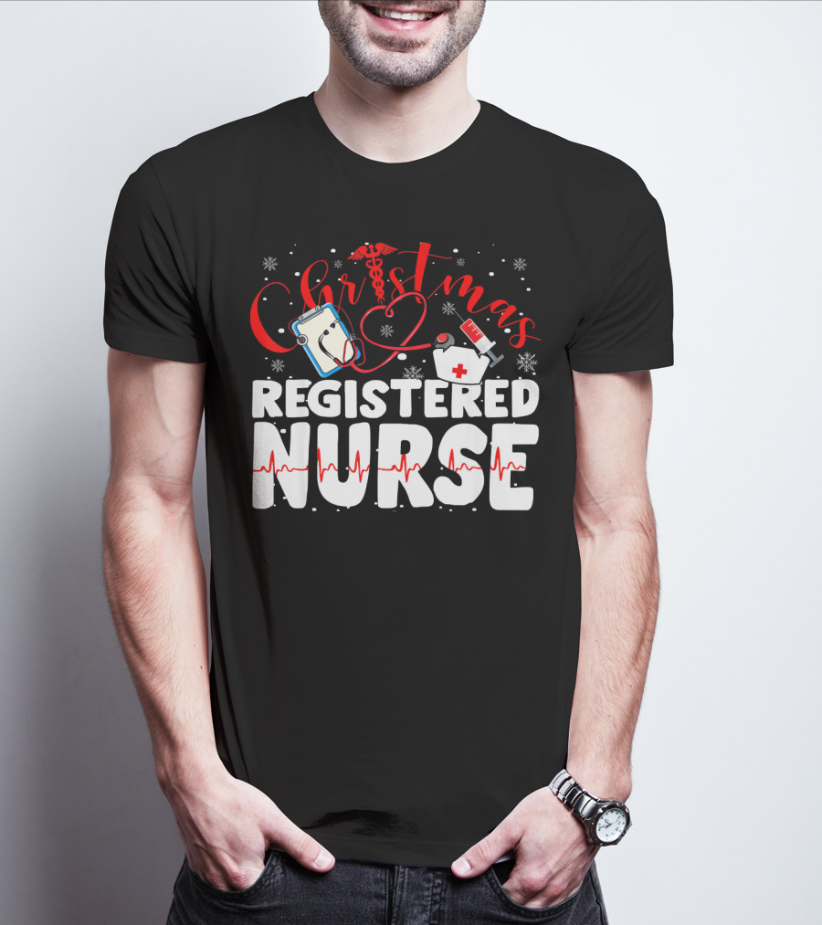 Christmas Registered Nurse With Medical Icons And Heartbeat T-Shirt