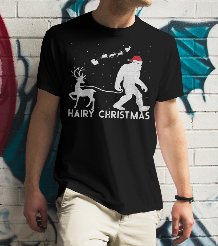 Hairy Christmas Bigfoot Santa Reindeer Snow Scene T-Shirt