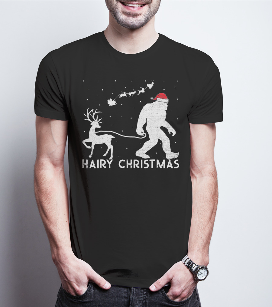 Hairy Christmas Bigfoot Santa Reindeer Snow Scene T-Shirt