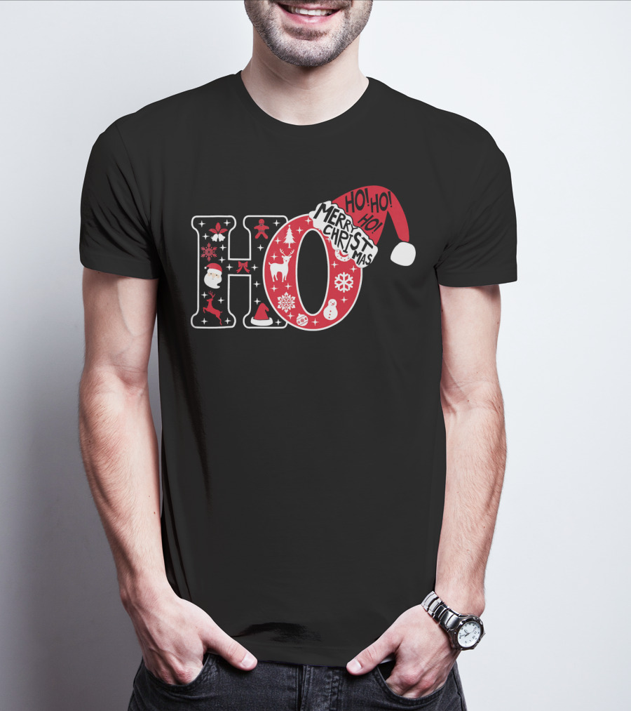 HO HO HO Merry Christmas Santa Hat Snowflakes T-Shirt