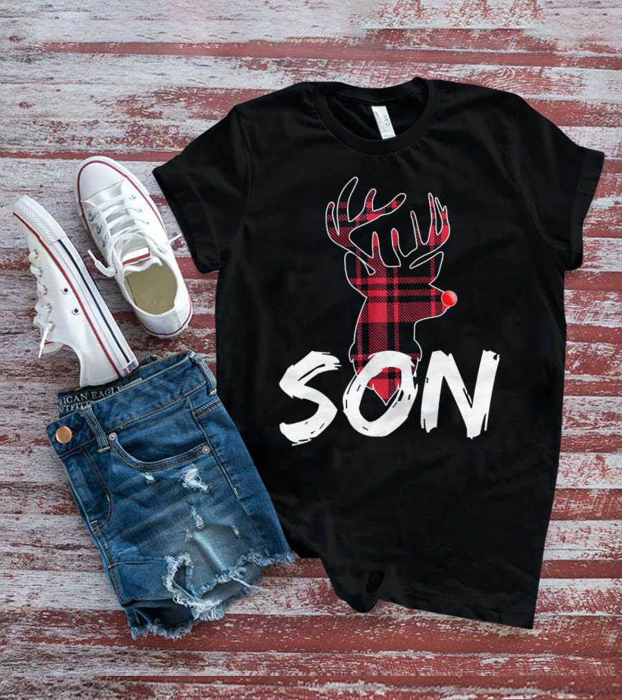 Son Family Matching Christmas Red Plaid Reindeer T-Shirt