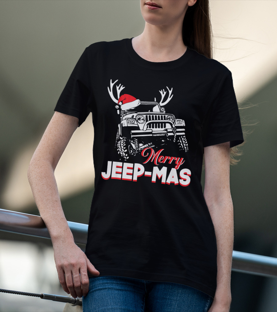 Merry Jeep-Mas Funny Jeep With Santa Hat And Reindeer Antlers T-Shirt