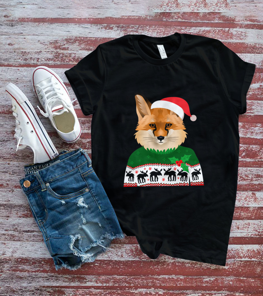 Long Sleeve Fox Ugly Christmas Sweater Santa Hat T-Shirt