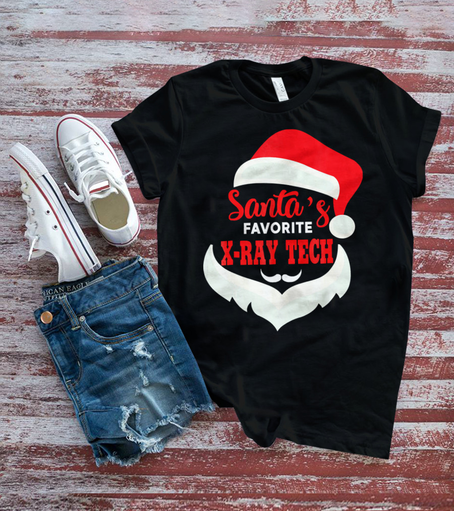 Santa's Favorite X-Ray Tech Christmas Santa Hat And Beard T-Shirt