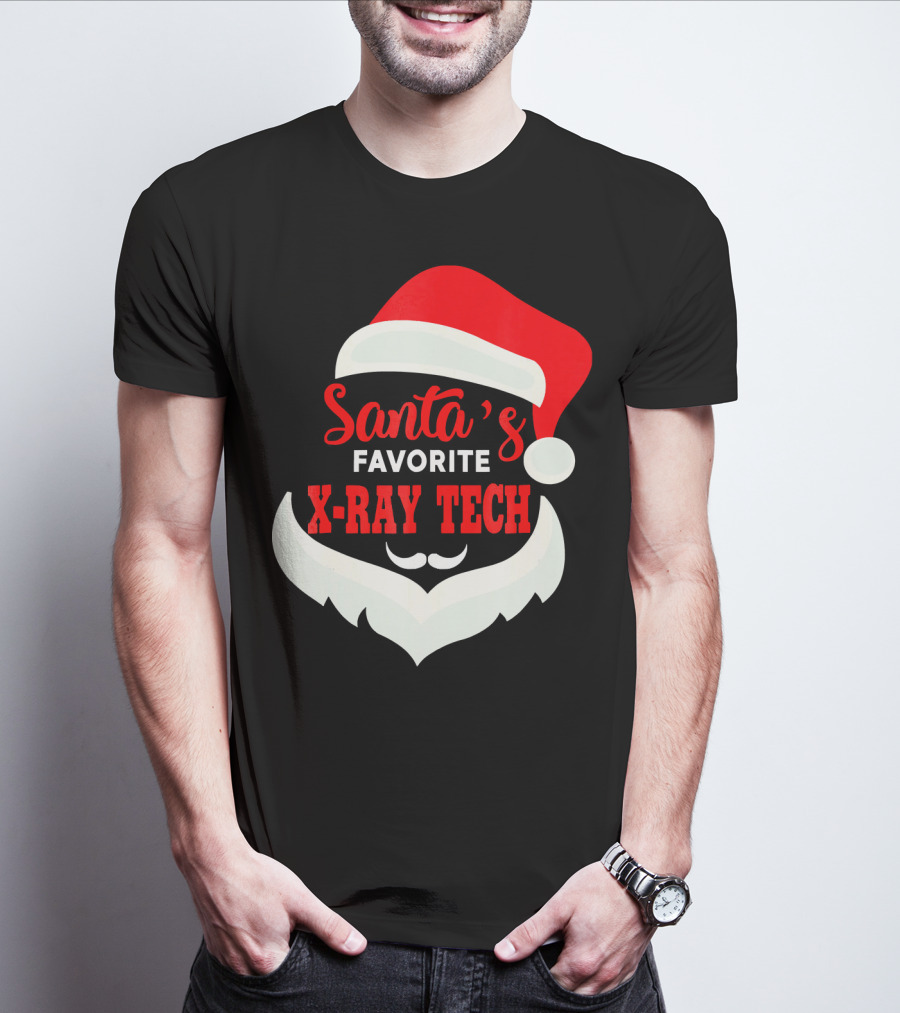 Santa's Favorite X-Ray Tech Christmas Santa Hat And Beard T-Shirt