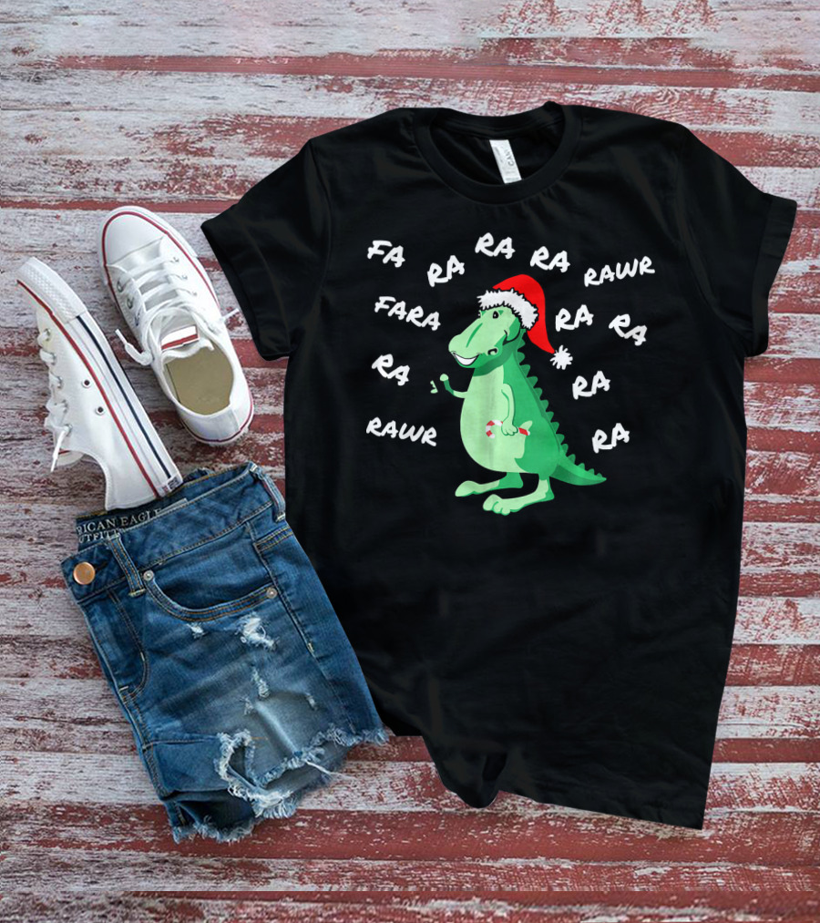 T Rex Dinosaur Singing Fa Ra Rawr Christmas Santa Hat T-Shirt