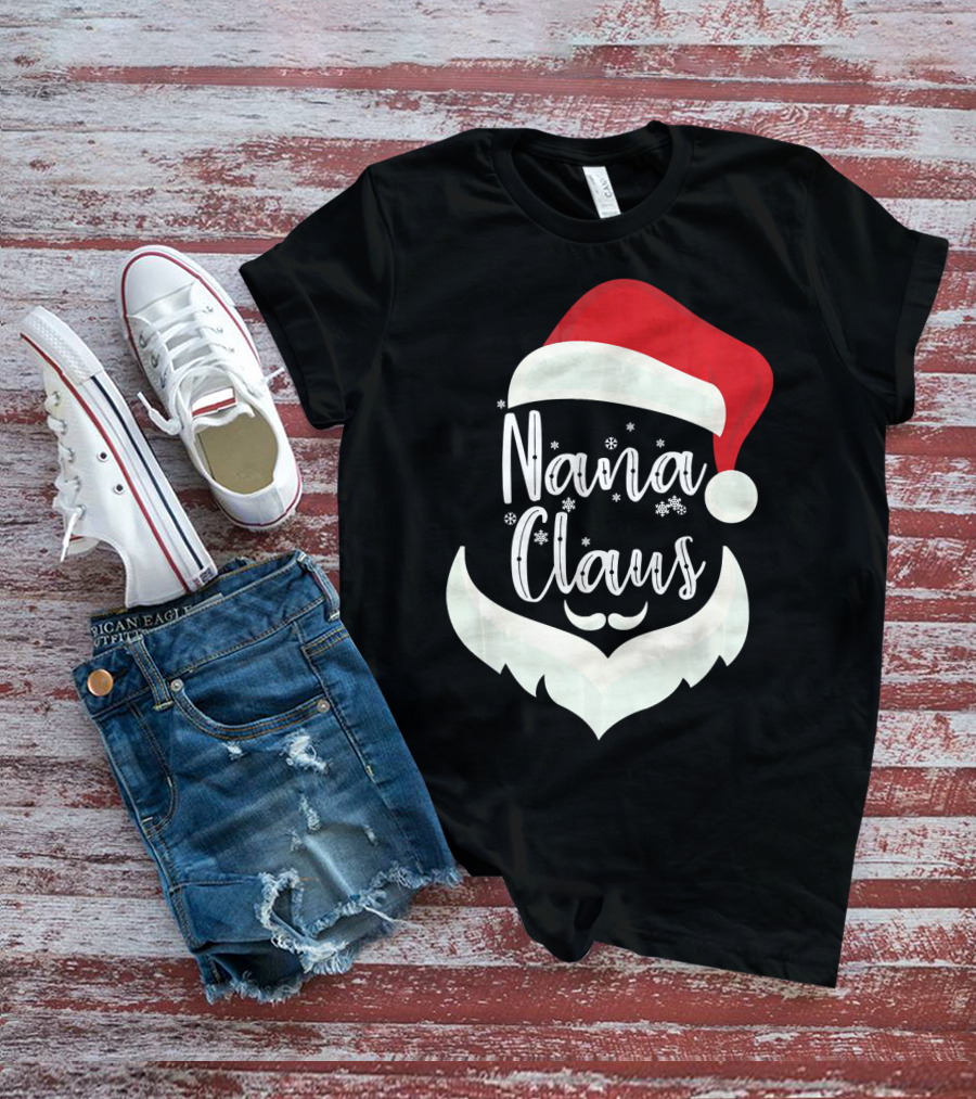 Nana Claus Santa Hat Beard Snowflakes T-Shirt