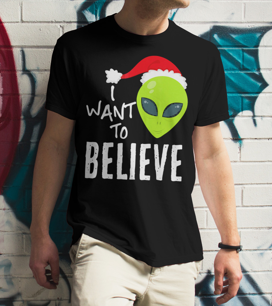 I Want To Believe Alien Santa Hat Christmas UFO T-Shirt