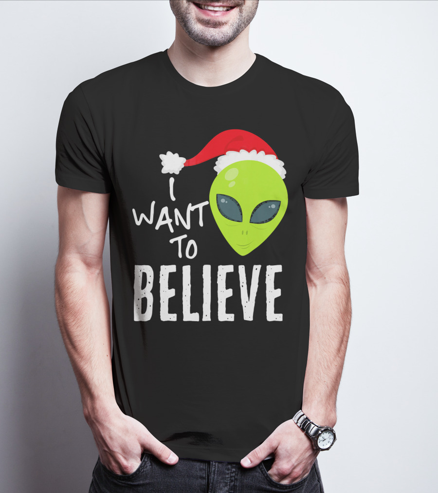 I Want To Believe Alien Santa Hat Christmas UFO T-Shirt