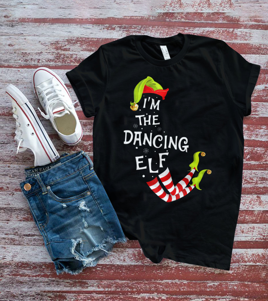 I'm The Dancing Elf Christmas Striped Stockings And Festive Hat T-Shirt