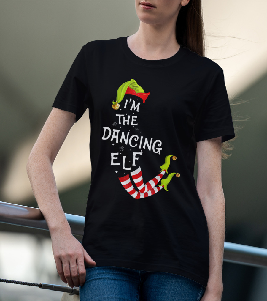 I'm The Dancing Elf Christmas Striped Stockings And Festive Hat T-Shirt