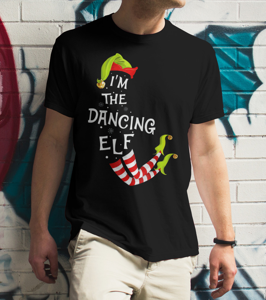 I'm The Dancing Elf Christmas Striped Stockings And Festive Hat T-Shirt