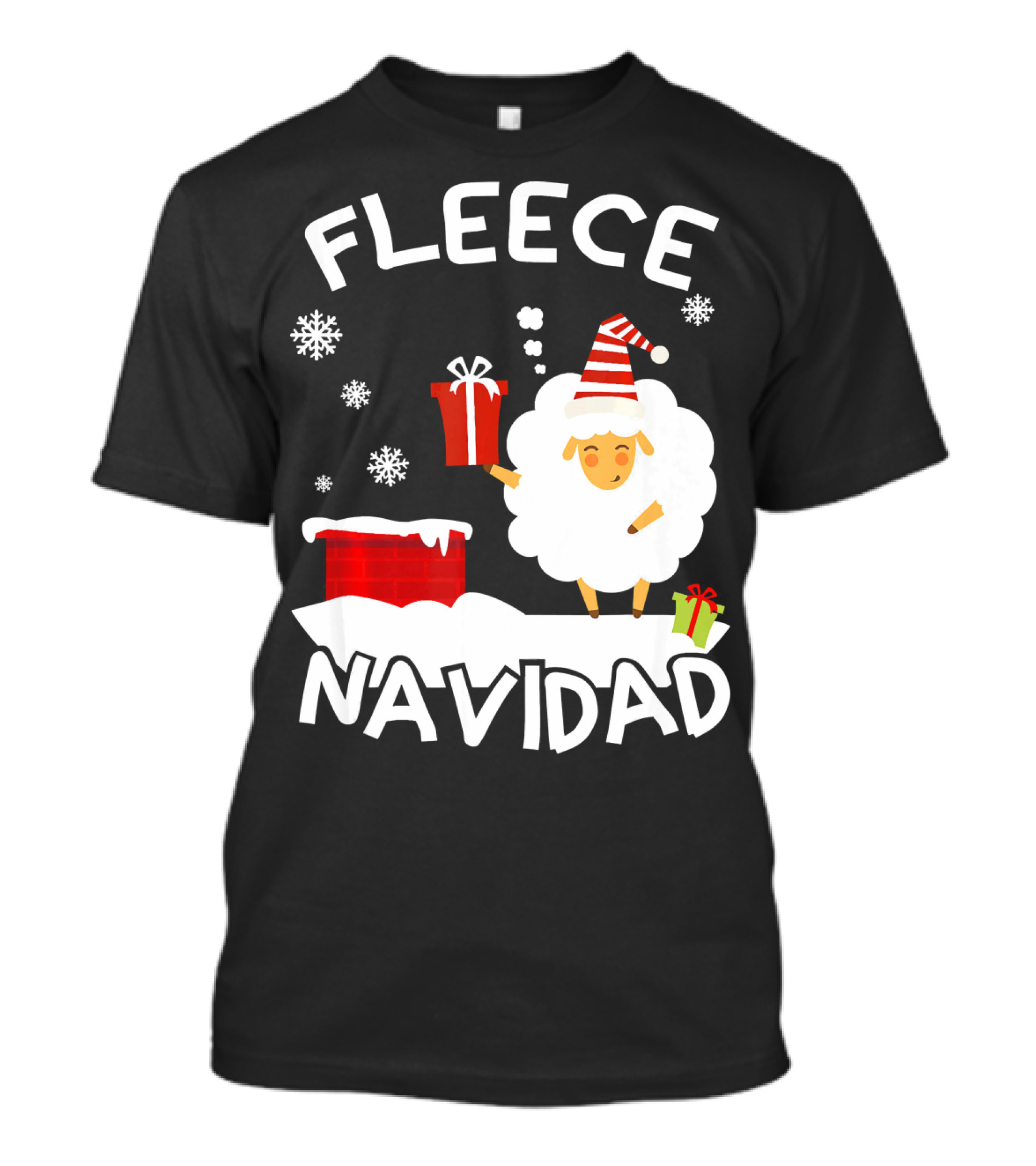 Fleece Navidad Sheep With Santa Hat And Gift Chimney Snowflakes T-Shirt