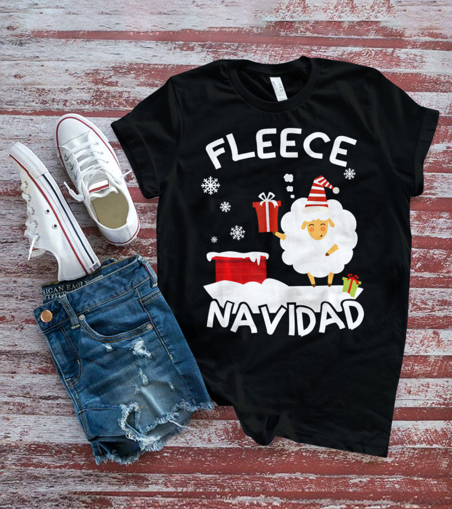 Fleece Navidad Sheep With Santa Hat And Gift Chimney Snowflakes T-Shirt
