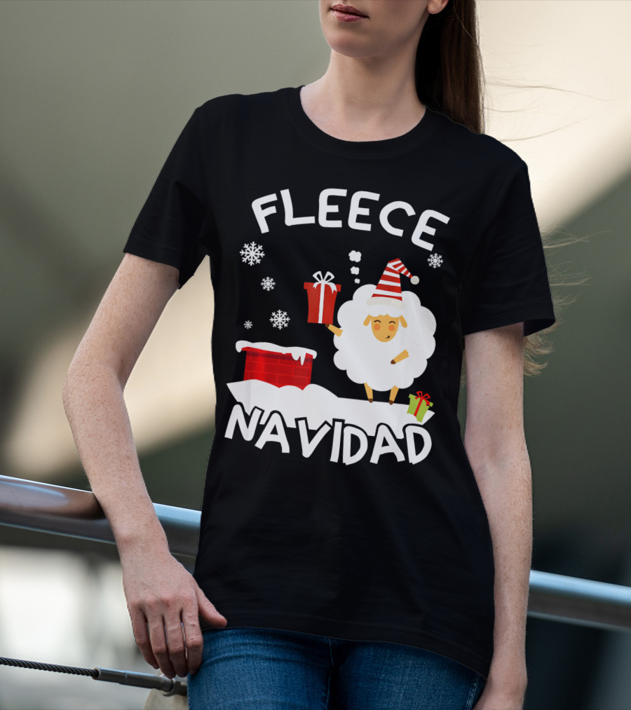 Fleece Navidad Sheep With Santa Hat And Gift Chimney Snowflakes T-Shirt