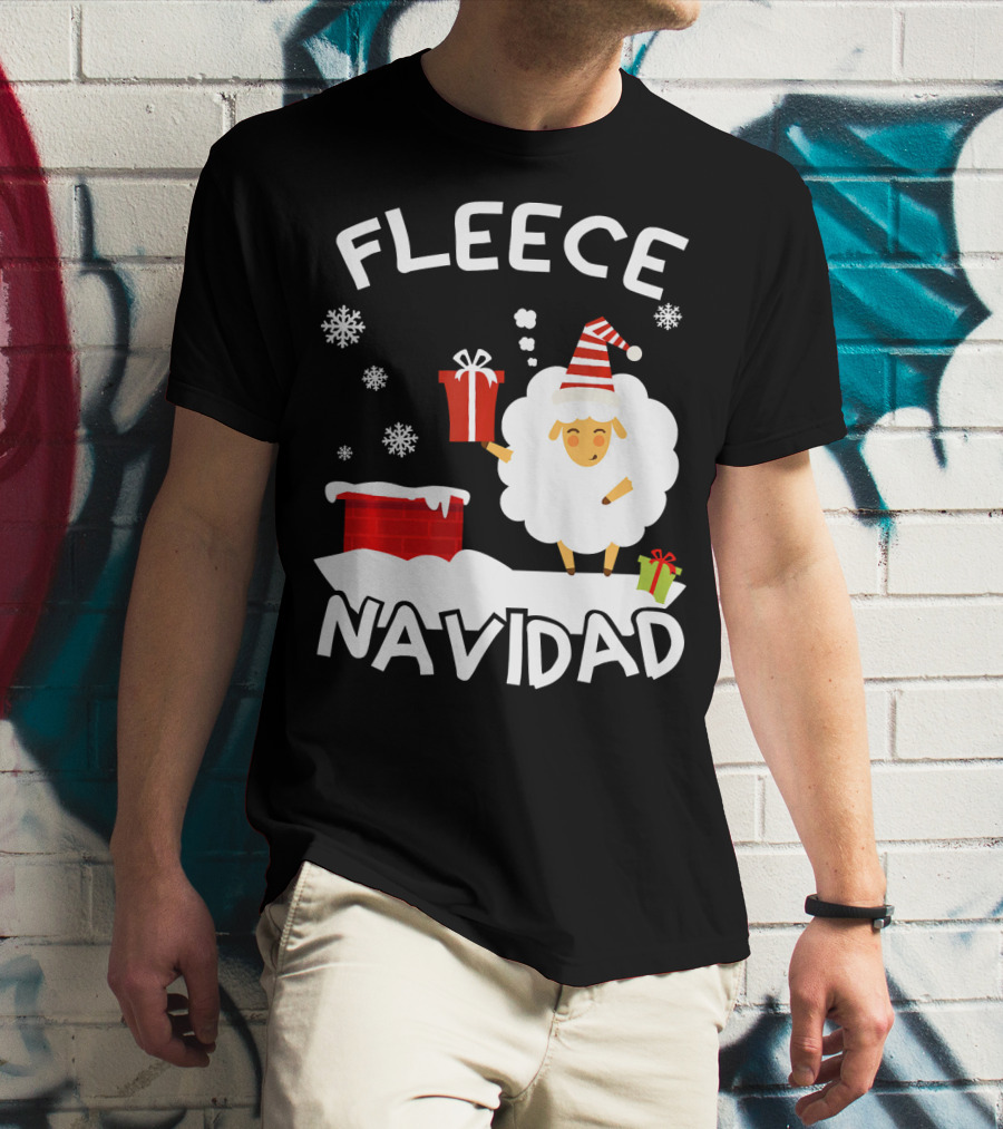 Fleece Navidad Sheep With Santa Hat And Gift Chimney Snowflakes T-Shirt