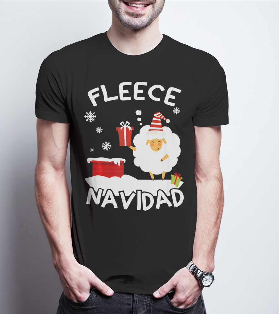 Fleece Navidad Sheep With Santa Hat And Gift Chimney Snowflakes T-Shirt