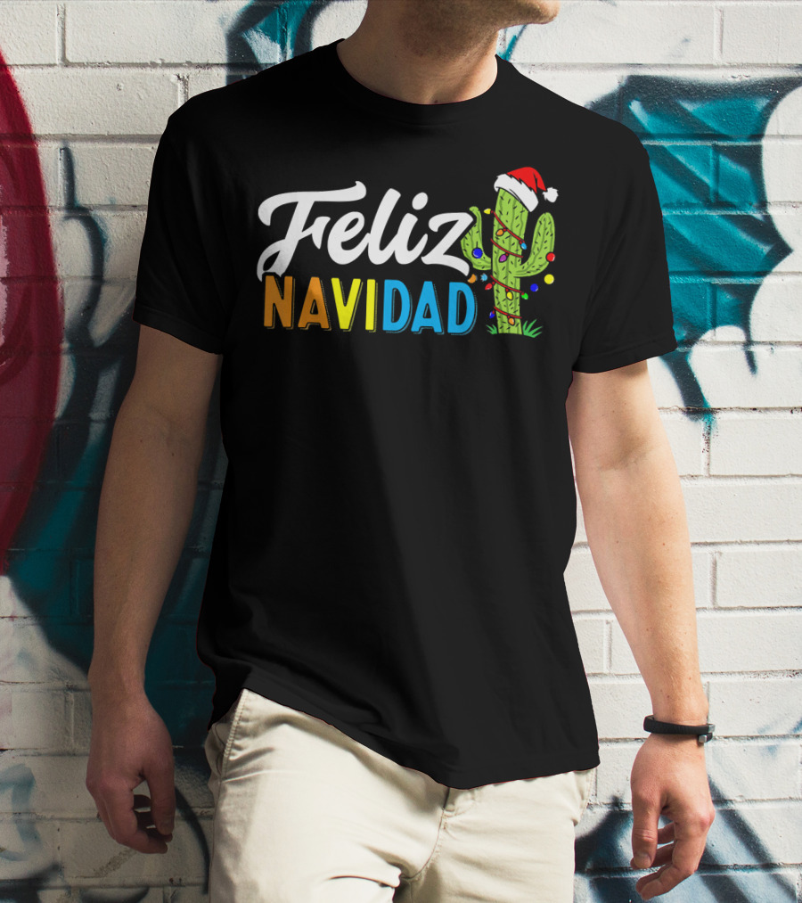 Feliz Navidad Cactus Santa Hat Christmas Lights T-Shirt