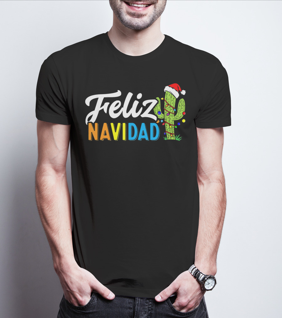 Feliz Navidad Cactus Santa Hat Christmas Lights T-Shirt