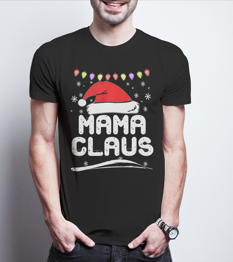 Mama Claus Christmas Heart Lights Santa Hat Snowflakes Family Santa T-Shirt