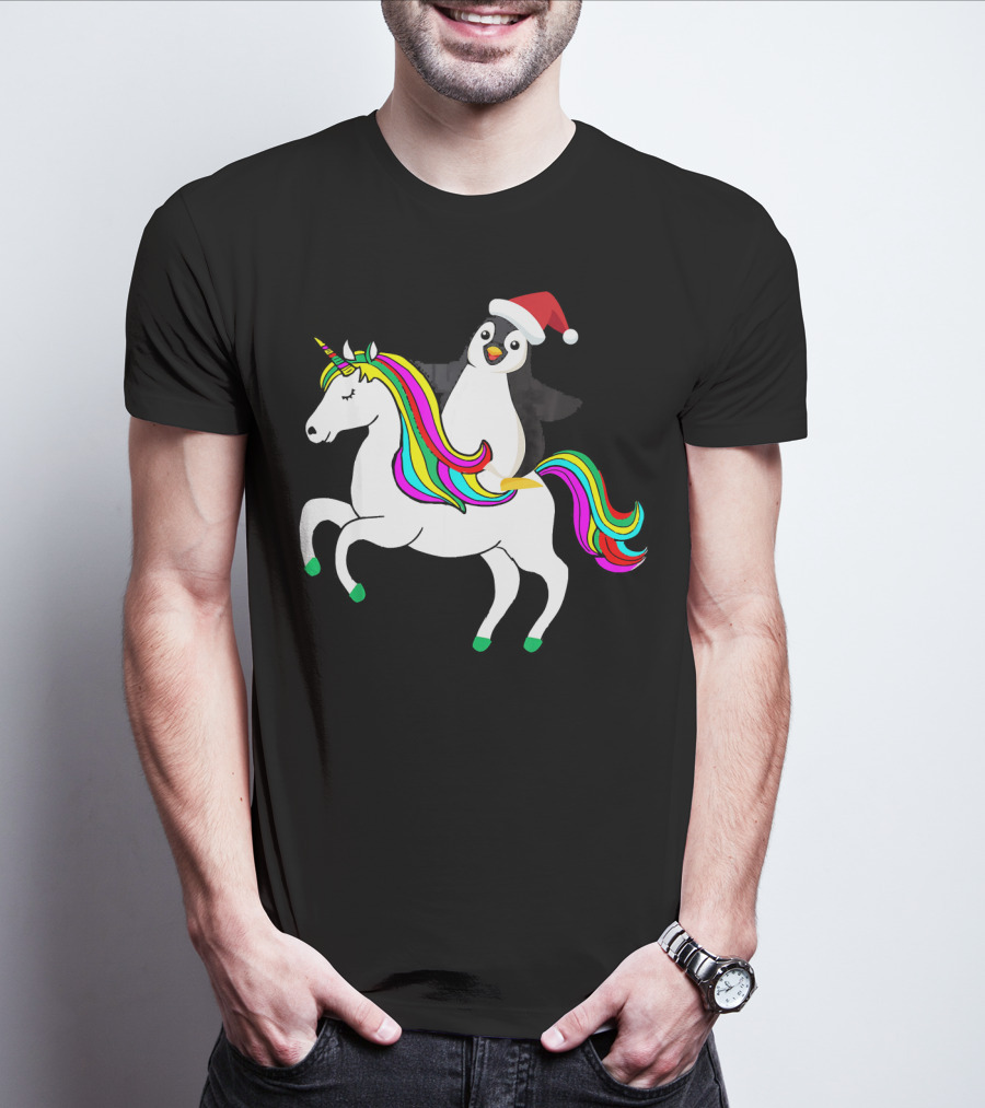 Penguin In Santa Hat Riding A Rainbow Unicorn T-Shirt