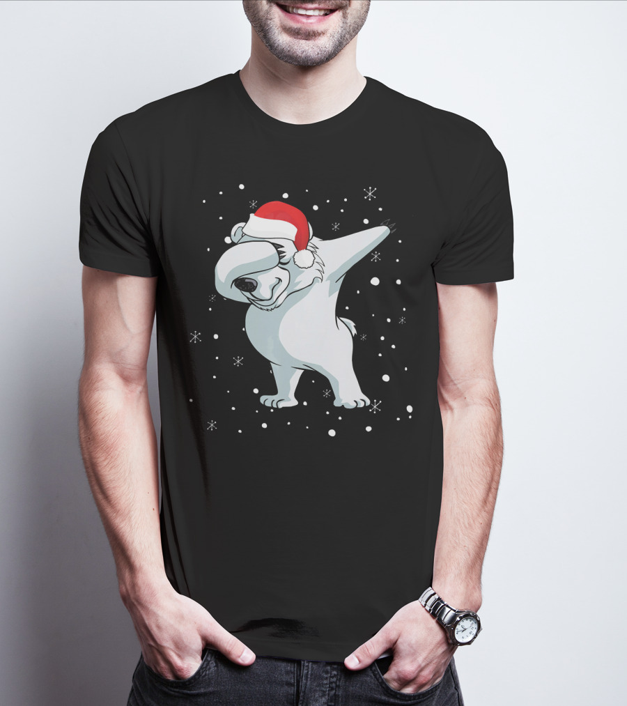 Santa Hat Dabbing Polar Bear Snowflakes T-Shirt