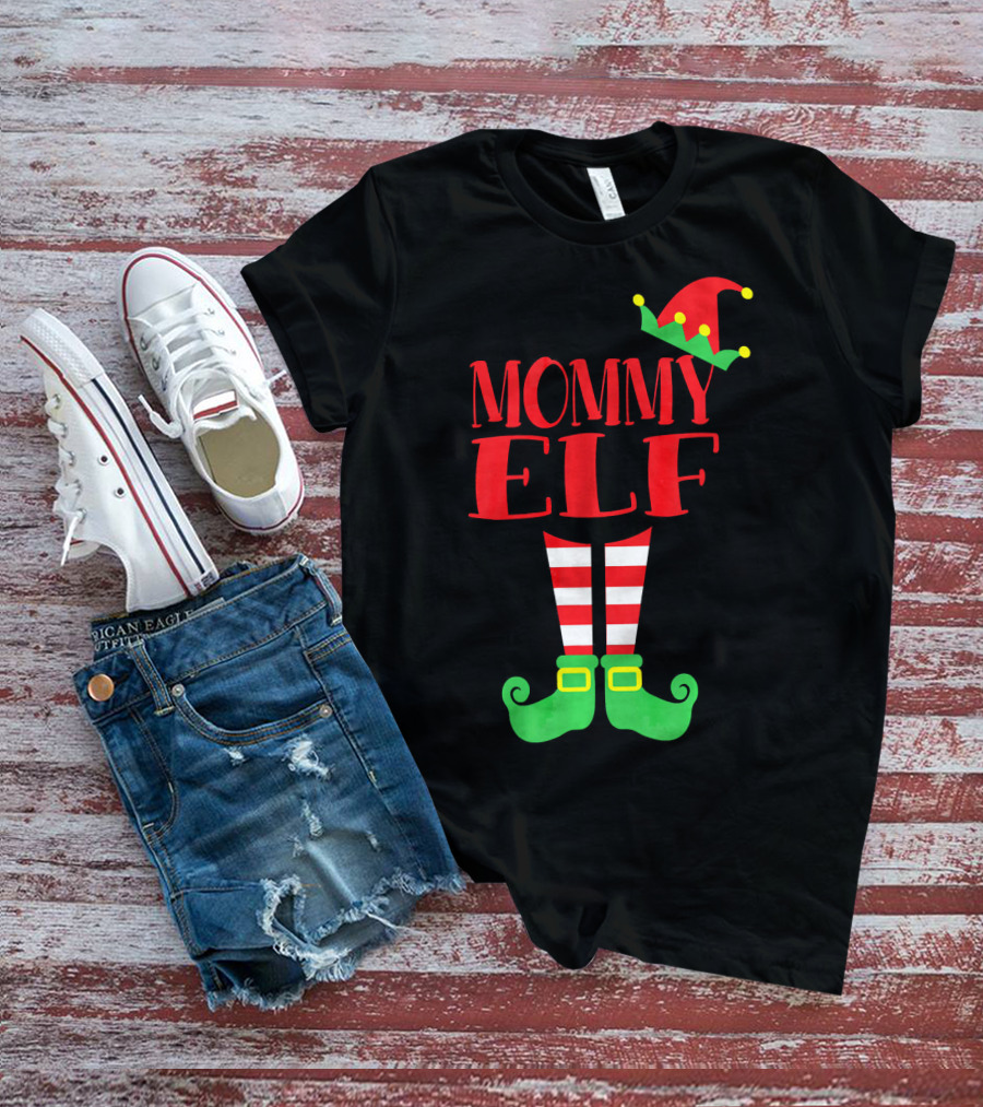 Mommy ELF Christmas Hat And Striped Socks Festive Season T-Shirt
