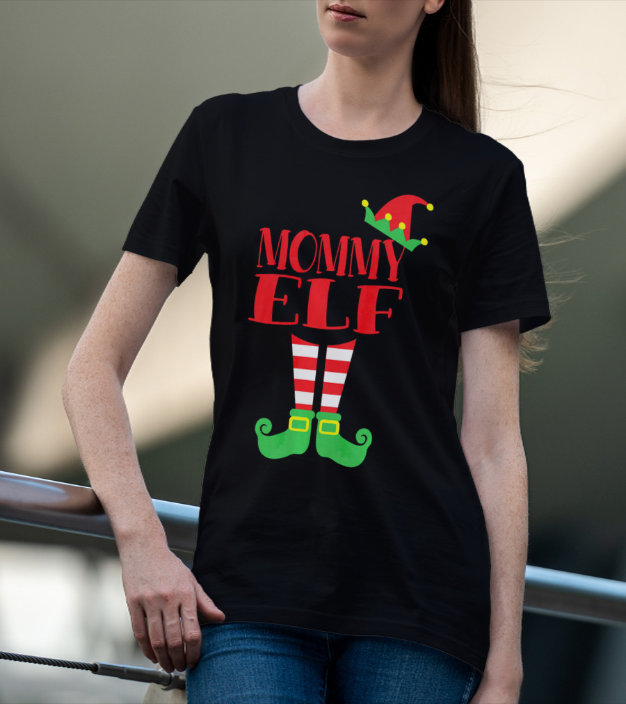 Mommy ELF Christmas Hat And Striped Socks Festive Season T-Shirt