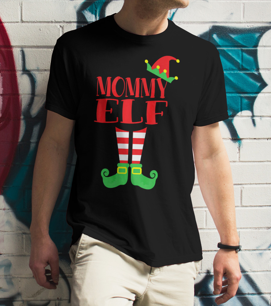 Mommy ELF Christmas Hat And Striped Socks Festive Season T-Shirt