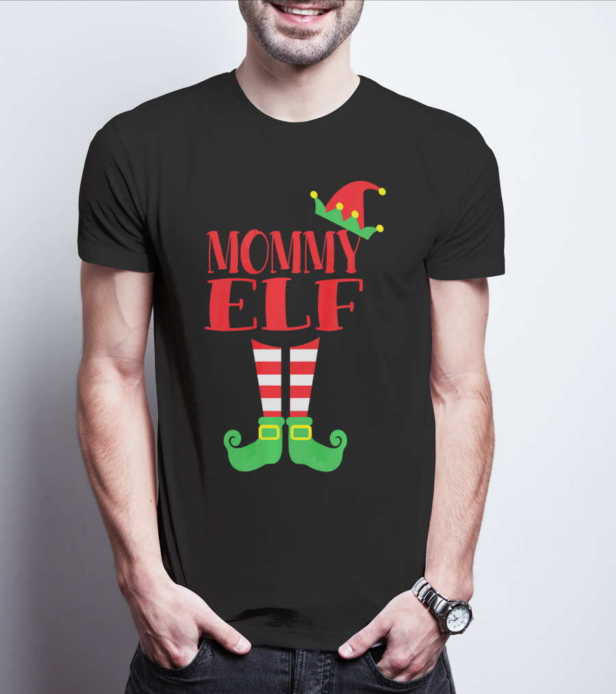 Mommy ELF Christmas Hat And Striped Socks Festive Season T-Shirt