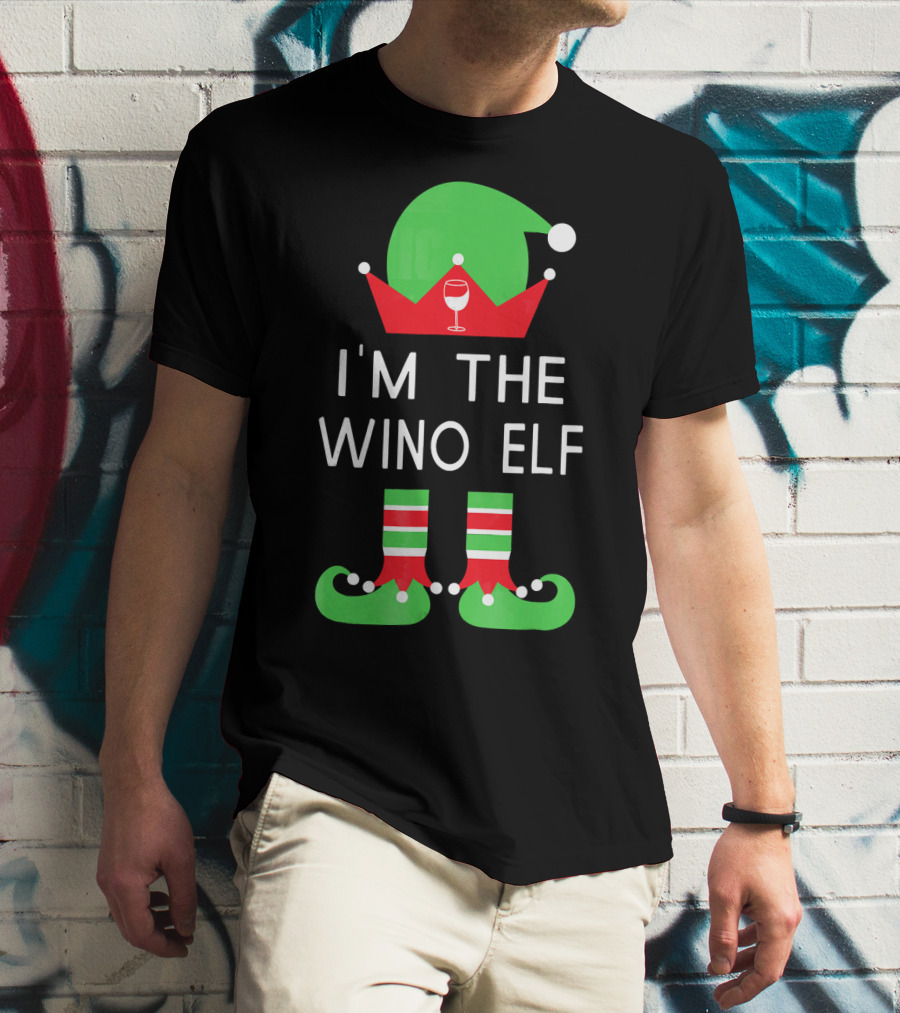 I'm The Wino Elf Funny Christmas Wine Green Red Hat And Striped Socks T-Shirt