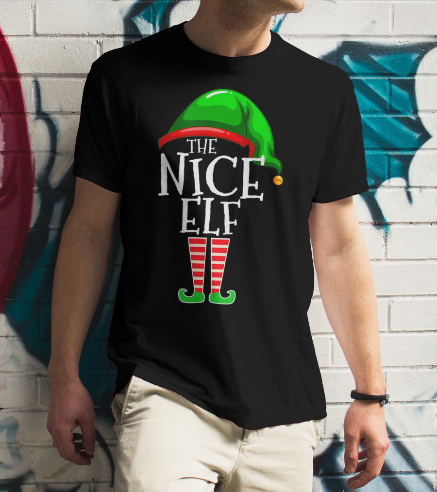 The Nice Elf Group Matching Family Christmas Hat And Striped Leg T-Shirt