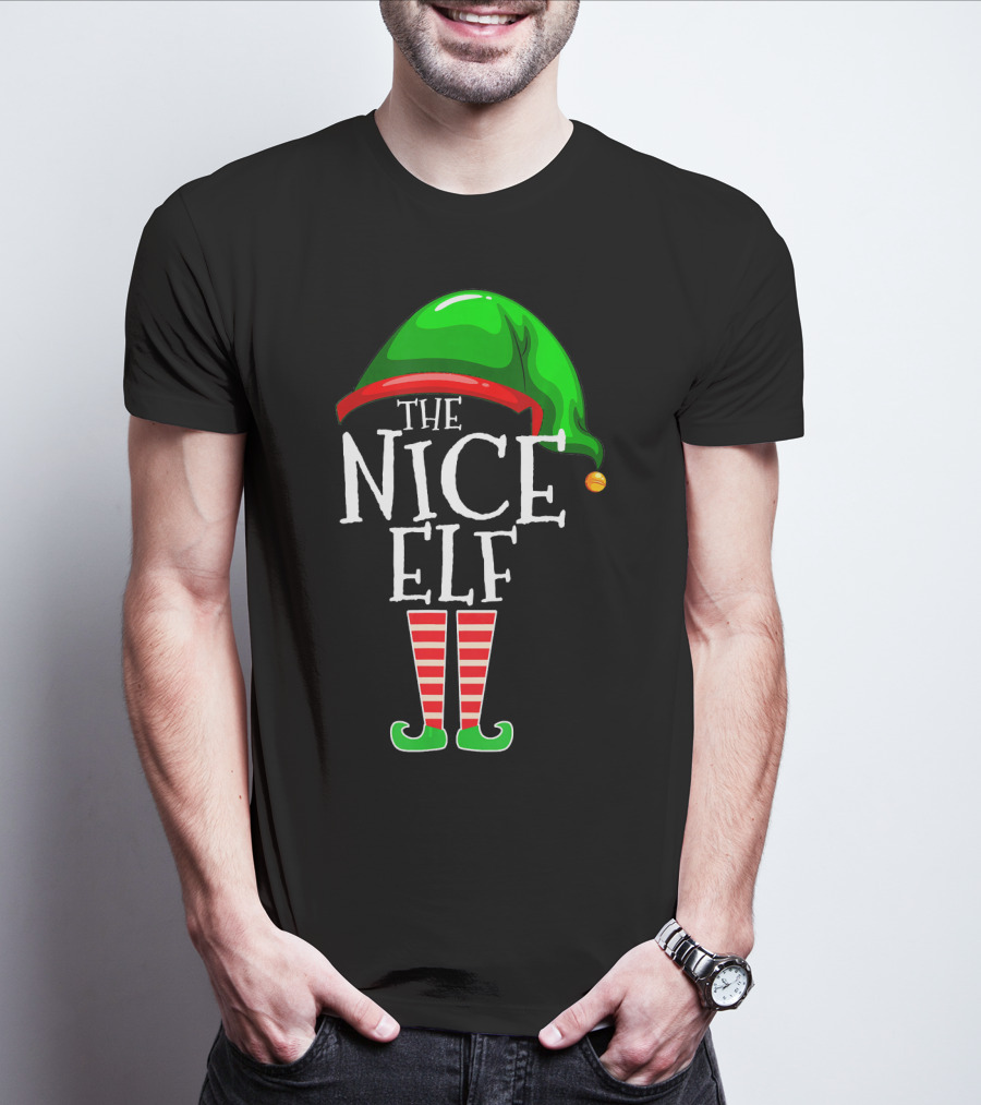 The Nice Elf Group Matching Family Christmas Hat And Striped Leg T-Shirt