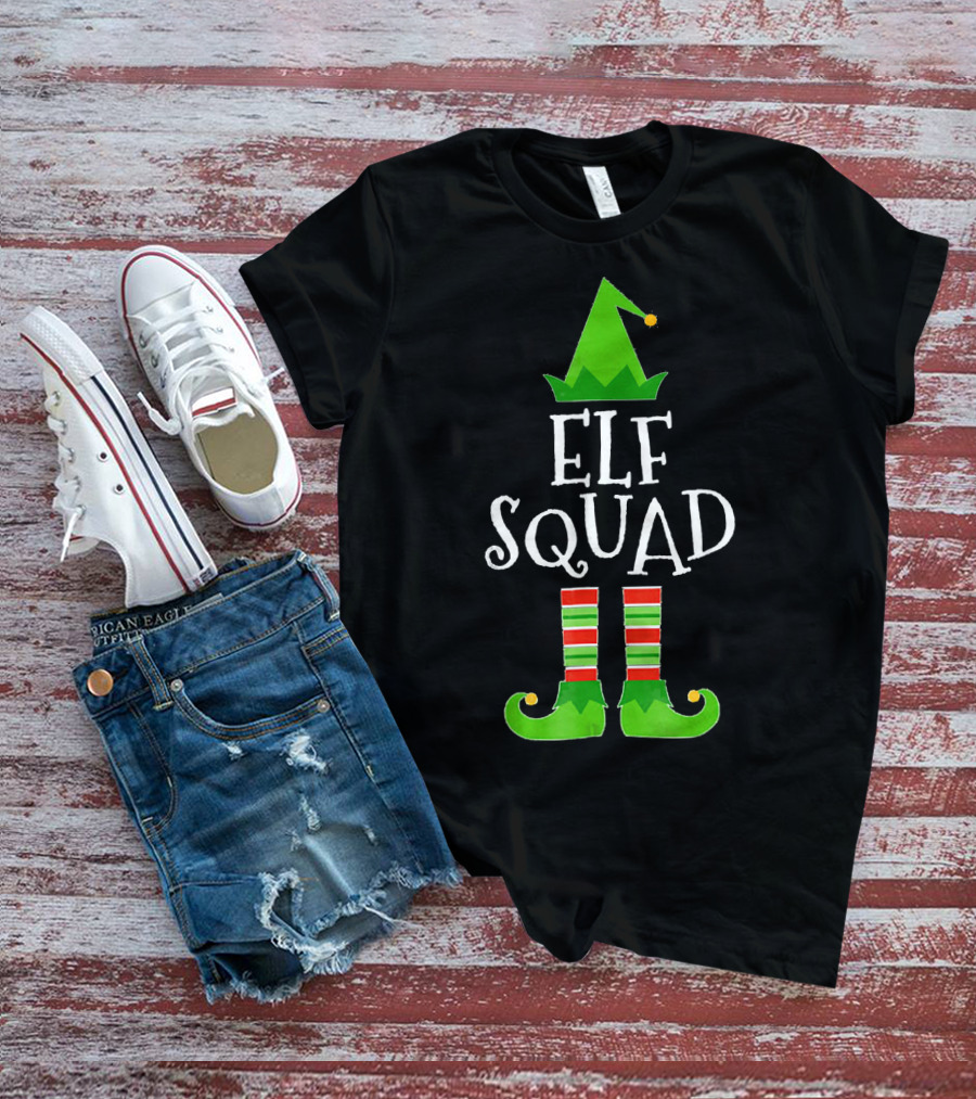 Elf Squad Festive Hat And Striped Shoe Family Group T-Shirt