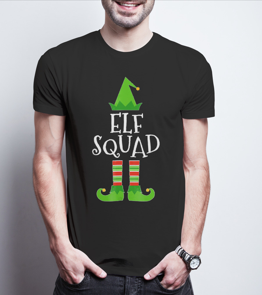 Elf Squad Festive Hat And Striped Shoe Family Group T-Shirt