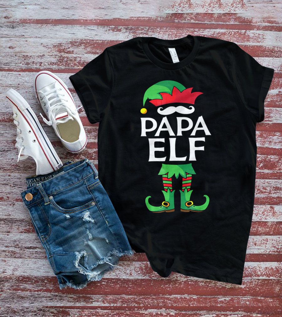 Papa Elf Costume Christmas Holiday Match With Santa Hat And Green Boots T-Shirt