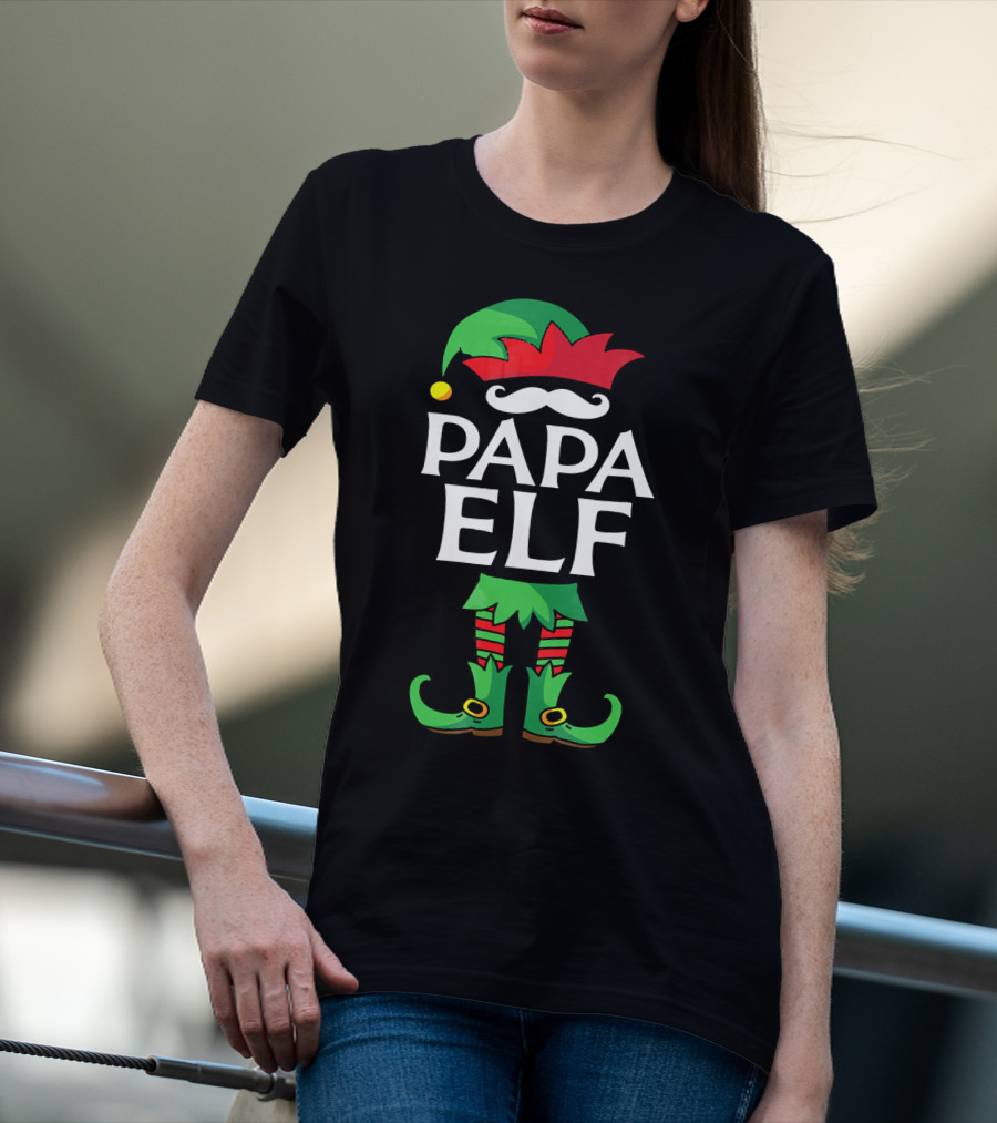 Papa Elf Costume Christmas Holiday Match With Santa Hat And Green Boots T-Shirt
