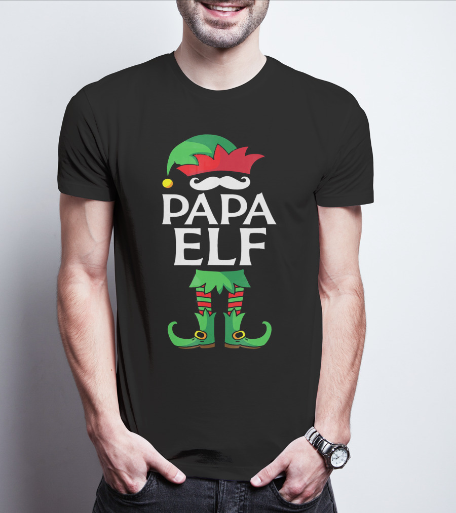 Papa Elf Costume Christmas Holiday Match With Santa Hat And Green Boots T-Shirt