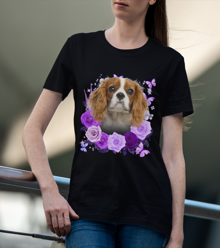 Purple Bloom With Flowers And Butterflies Featuring Cavalier King Charles Spaniel Floral Arrangement T-Shirt
